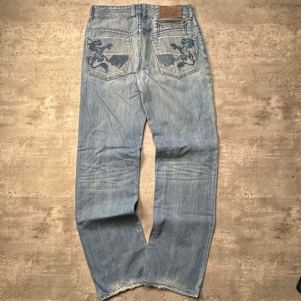 Diesel Straight Leg Jeans Mens 30 Blue Dragon Embroidered Vintage 90s Faded